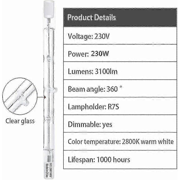 10 kpl R7s halogeenilamppu 118mm 230w 230v, R7s halogeenisauva 118mm, R7s halogeenilamppu himmennettävä halogeenisauvalamppu yhteensopiva rakennusvalonheittimen kanssa - B17