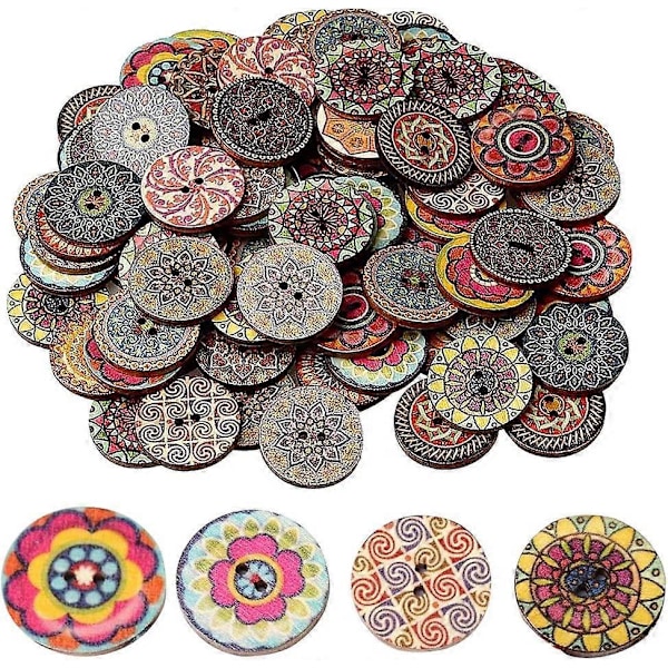 100 25 mm mønstrede træknapper til håndarbejde, 1-tommers træknapper, forskellige retro runde træblomsterknapper, dekorative knapper med 2 huller,