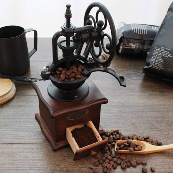 Retro Manuell Kaffekvarn Kaffeböna Kryddhandslipningsmaskin med Låda Kvarn Handvev Kaffekvarnar