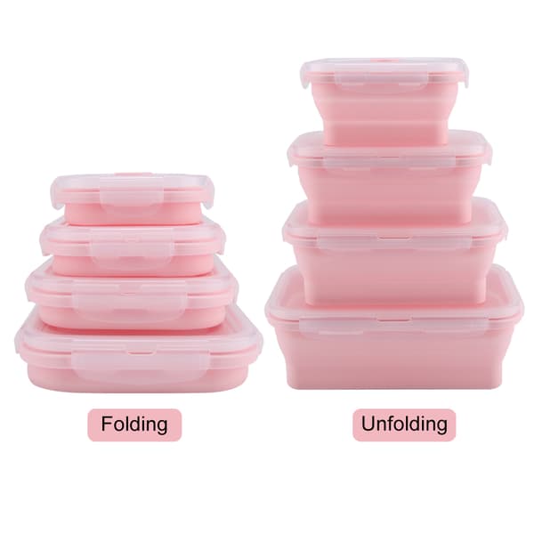 Bärbar Silikon Lunchlåda Set Vikbar Mikrovågssäker Matlåda Matbehållare Rosa
