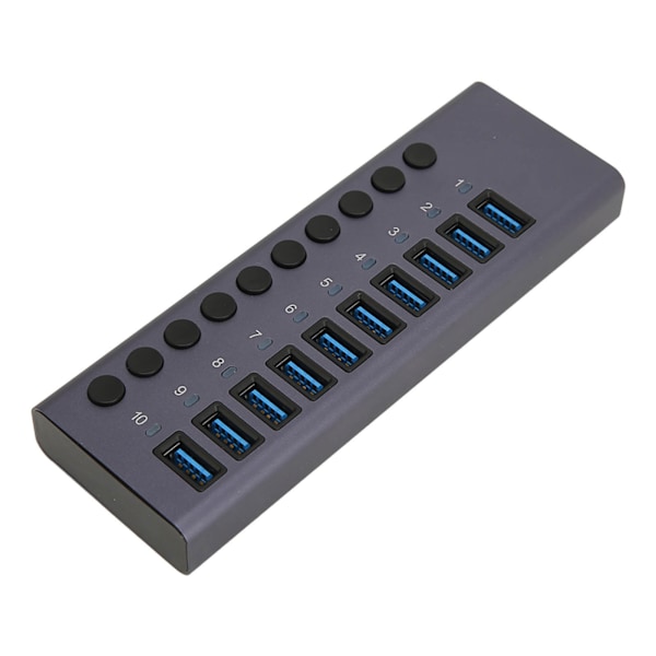 Strömdriven USB-hubb 10 portar individuell switch aluminiumlegering 5 Gbps överföring USB 3.0-hubb för PC bärbar dator HDD 100-240 V EU-kontakt