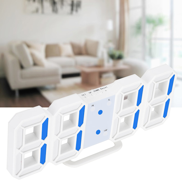 3D Digital LED Væg Ur Alarm Nummer Tid Display USB Opladning Hjem Ure (blå)