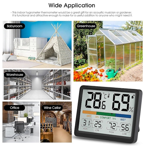 97x73x19mm, Indendørs Hygrometer Termometer - Digitalt indendørs termometer med maksimum og minimum historik, Skiftemulighed mellem F / C, Let at bruge, C