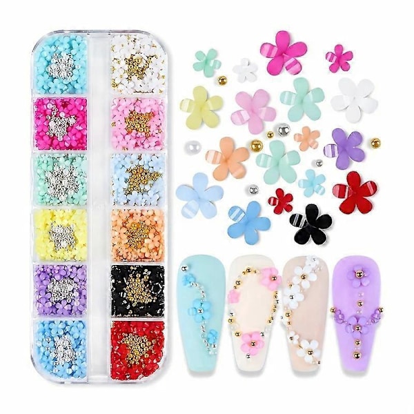 12 Fack 3D Nagelkonstdekorationer med Flerfärgade Blomsterberlocker, Kaviardiamanter och Pärlor för DIY Nagelkonstdekorationer