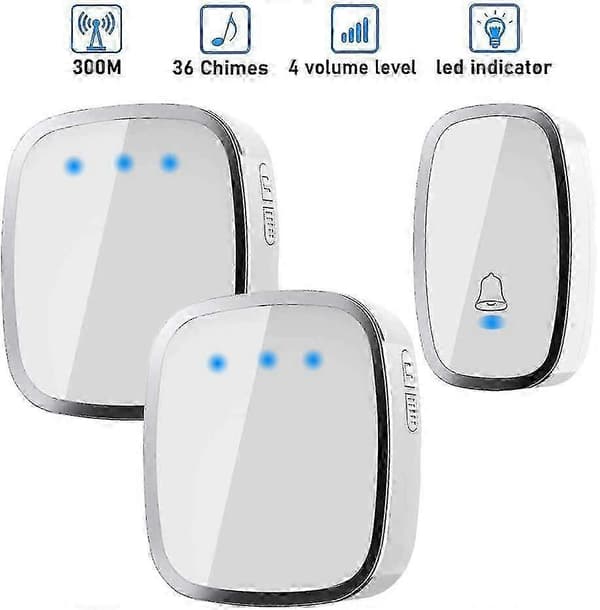 Wireless Doorbell, 300m Range, 36 Ringtones, 4 Volume Levels, 1 Transmitter & 2 Receivers