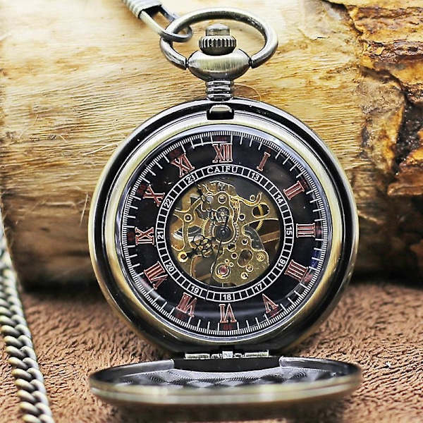 Steampunk Herre Mekanisk Skeletur Kobber Guldbelagt Dobbelt Låg Retro Stil Vedhæng Lommeur