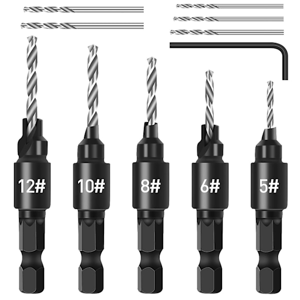 5 st Försänkare Borr Set, Justerbar 1/4\" Hex Skaft Snabbväxlande Försänkare Borr Set, Utbytbara Försänkare Borr med Hexnyckel, Träbearbetning