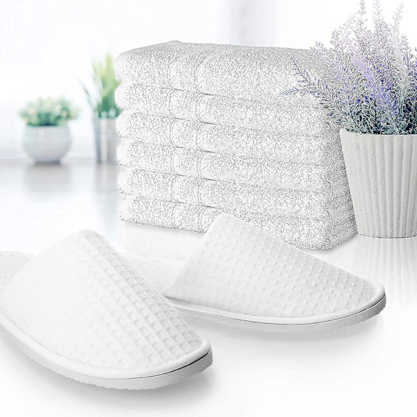 Terrytofflor med våffelmönster för hotell, 6 par, vita 28,5 cm