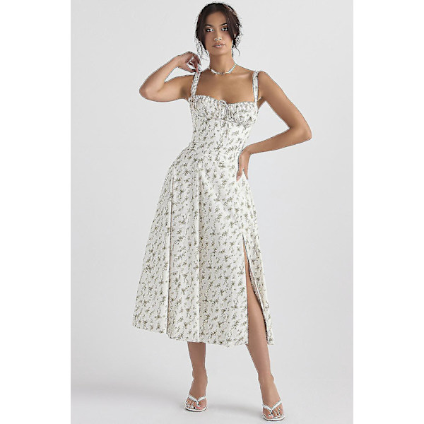 Floral Print Bustier Midi Kjole - Ærmeløs, Rynket Bryst, Split Lår - Boho Stil (Gratis fragt) XL Hvid Grønt Blad