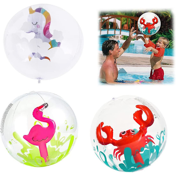 Barne-strandball *3 stk, Transparent oppblåsbar strandball, Svømmebasseng strandball, Dyrestrandballer med flamingo, enhjørning, krabbe, oppblåsbar strand