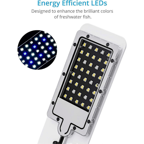 Ultratyn LED Lampe til Små Akvarier (Hvid), Akvarielyslampe med 40 LED'er Hvidt og Blåt Lys til Akvarium, 10W, 1200LM