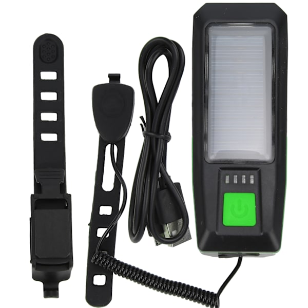 Solcelledrevet USB-opladningscykellys Forlygte Lommelygte Cykeltilbehør med Advarselshorn Sort og Grøn