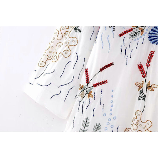 Dame Mode Broderet Lang Bluse Blød Talje V-Hals Enkelte Knapper Side Drapering Afslappet Sommer Polyester S