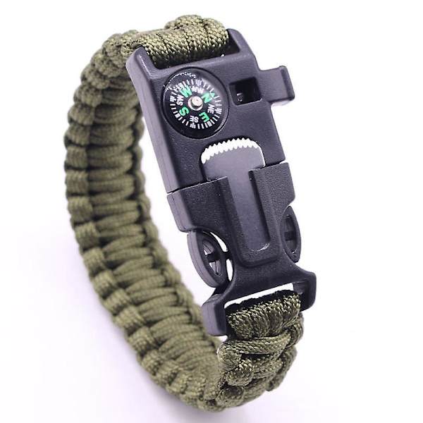 Justerbart armbånd for utendørs med ildstarter, høy lydfløyte - Ideelt for fotturer, camping, fiske og jakt (1 stk, Army Green)