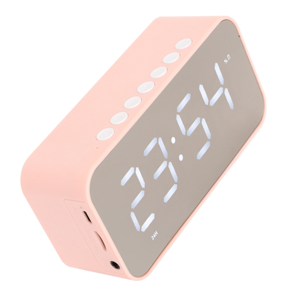 Trådlös Bluetooth-högtalare Stereo Ljud Brusreducerande Temperaturdisplay Röstmeddelande FM-radio Spegelväckarklocka Rosa