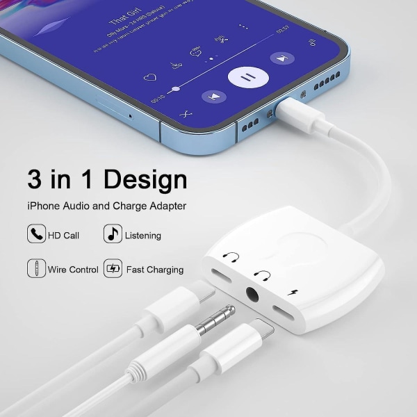 4-i-1 Dual Plug Lightning til 3,5 mm Earphone Adapter til iPhone 14/13/12/11/X/8/7