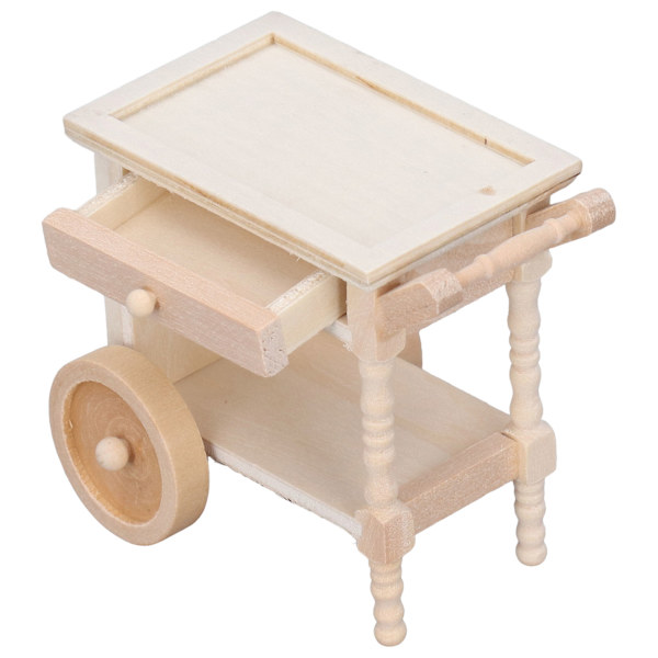 Mini spisevogn i træ, naturtro, umalet, retro-ornament, miniature madserveringsvogn til 1/12 dukkehus