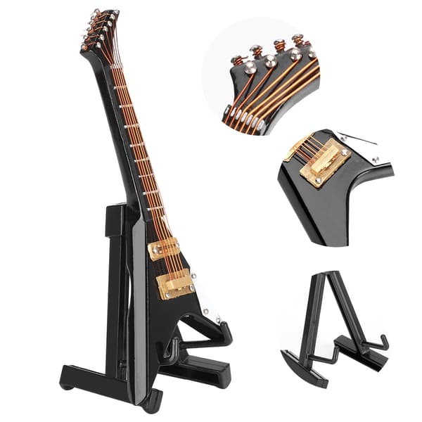 Gitarrdekoration Miniatyrprydnader V-formad Mini Musikinstrument Modell Present Svart 10cm