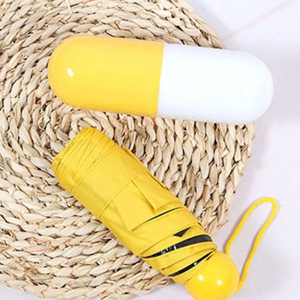 Kompakt Mini Paraply med Söt Kapselväska - Gul (UV-skydd)