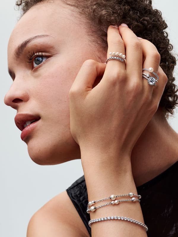 Pandora – Treated Freshwater Cultured Pearl & Pavé Open Ring – Sterling Silver Circumference: 56mm