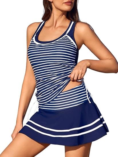 Two-piece swimsuit with striped top and skirt