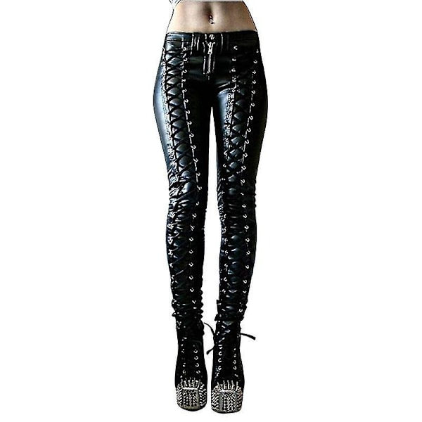 Gotiske Punk Kvinders Kunstlæder Leggings Skinny PU Læder Bukser Sort 3XL