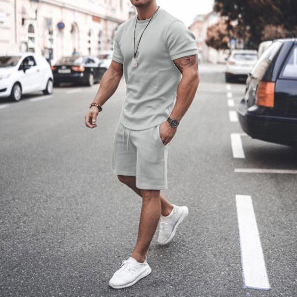 Herr Sommar Kortärmad Shorts Set | Sport Fritidskläder | XL | Ljusgrå