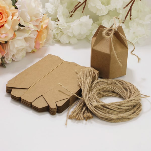 50 st Hexagonal Godis Behandla Box Utsökt Presentförpackning Box för Bröllop Födelsedagsfest Baby Shower Brunt Papper