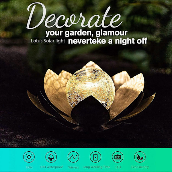 Solcellelamper Utendørs Hage, Krakelert Kule Glass Lotus Dekor, Vanntette LED Metall Blomsterlamper for Terrasse, Plen, Gangvei, Bordplate, Bakke