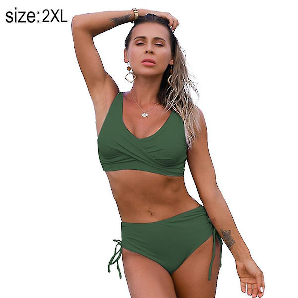 Højtaljet Grøn Bikini Sæt - Kvinders Twist Front Bind Bag Badetøj, Størrelse 2XL