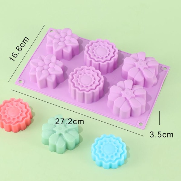 Set med 4 molds i silikon - 6 blommor per form - För att göra isbitar, choklad och tårtdekorationer - Färger: lila, grön och rosa