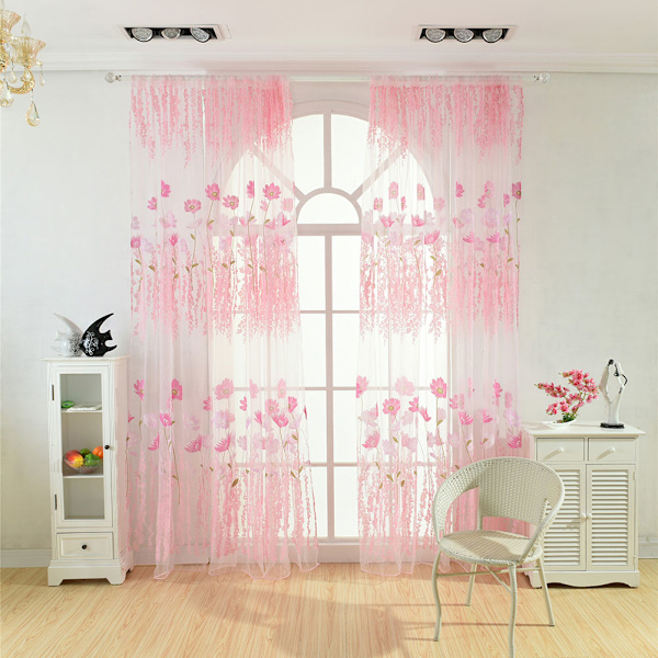Polyester Floral Pattern Vindus Tulle Voile Gardin Soverom Stue Innredning (Rosa)