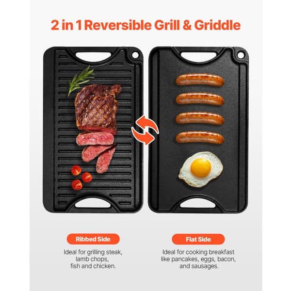 Mophorn Reversible Cast Iron Griddle (185 x 342 mm), Portable Rectangular BBQ Pan with Handles, Versatile Cookware for Stovetops and Grills, Black Black