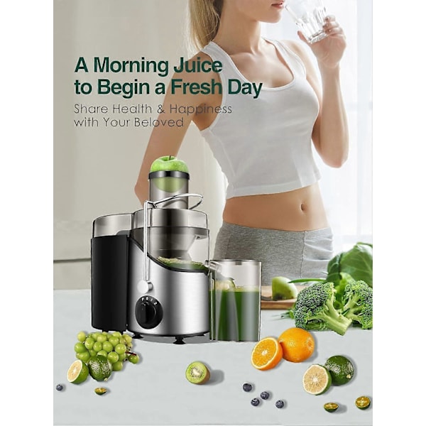 Juicer, 65 mm bred öppning, 400 W frukt- och grönsaksjuicepress, juicepress i rostfritt stål, rengöringsborste ingår, BPA-fri, (526) [E