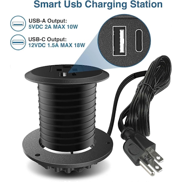 Pöytätietokoneen virtaläpivienti, 2 tuuman pöytätietokoneen virtaläpivientipistorasia, upotettu pistorasia 1 USB- ja 1 Type-C -liitännällä, 20 W PD-pikalataus työpöydälle, keittiöön,