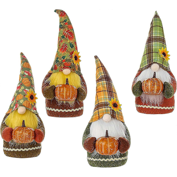 4 stk. Høstfestival Solsikke Plysj Gnome med Gresskar, Høst Thanksgiving Håndlagde Svenske Nisser Plysj Dekor Thanksgiving Bordpynt