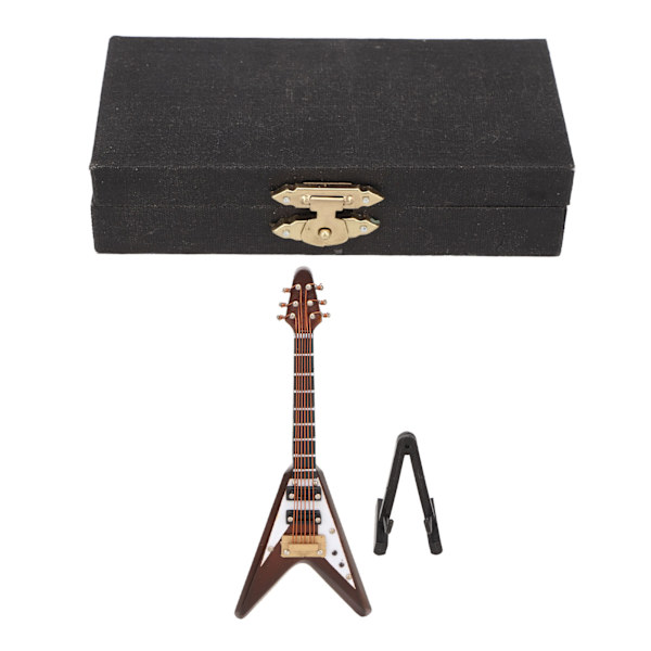 Miniatyr elektrisk gitarmodell av tre med stativ og etui Kaffe Minimusikkinstrumentmodell Dekor 10cm