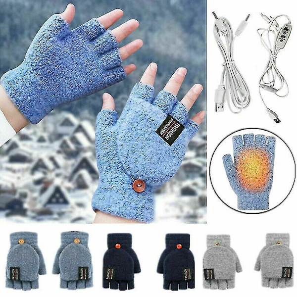 USB-oppladbare oppvarmede hansker - Vinter elektriske votter for full/halv finger varme hvite