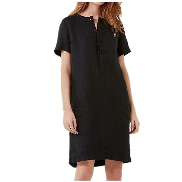 Bomuld Linned Sort Tunika Kjole - Kvinders Kortærmet Knælang Kaftan (Størrelse 2XL)