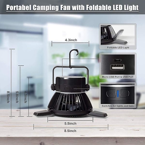 Solcellsdriven Campingfläkt med LED-Lykta - Bärbar Tältfläkt med Hängkrok - Uppladdningsbar USB-Bordsfläkt för Hem, Kontor, Tält, Bil, Nödström