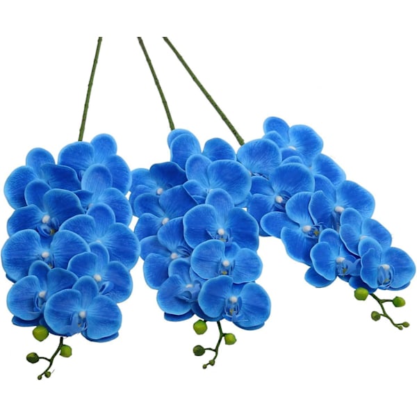 Kunstig orkidé stilk SÆT 3 pu ægte touch orkidé Stor blomst pseudo sommerfugl orkidé Familie Bryllupsdekoration (3 stk, Blå)