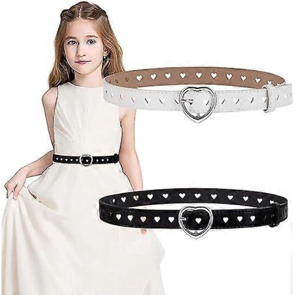 Dame PU-skinnbelte 2 stk. Barnejeansbelte med justerbar hjerteformet spenne, vintage, pyntet for bukser, jeans, skjørt, jakker, skoleuniform