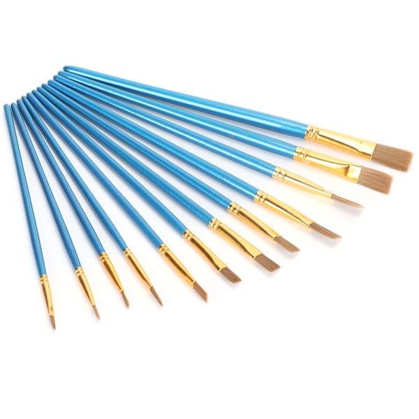 12 stk. pensel sæt flad spids nylon uld blå stang træ aluminium rør maling pen