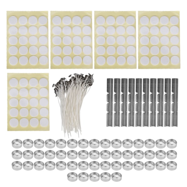 260pcs 15cm Candle Wicks 100Pcs Double Sided Tape Stickers 50Pcs Candle Shells 10Pcs Stainless Steel Wicks Holders14g Aluminum Shell Yellow