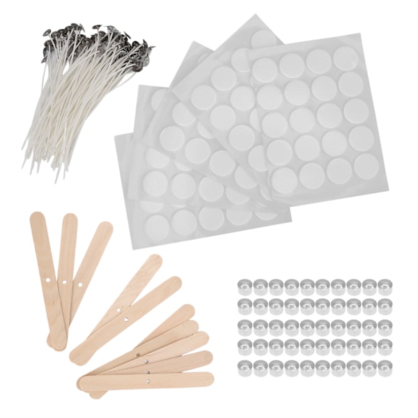100 stk. 15 cm stearinlys væger 100 stk. dobbeltsidede væger klistermærker 50 stk. stearinlys skaller 10 stk. træ væger holdere (23 g aluminiums skal hvid bund klistermærke)