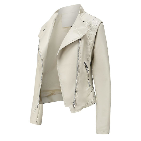 Stilful Kvinde Off White Kunstlæder Biker Zip Jakke XS