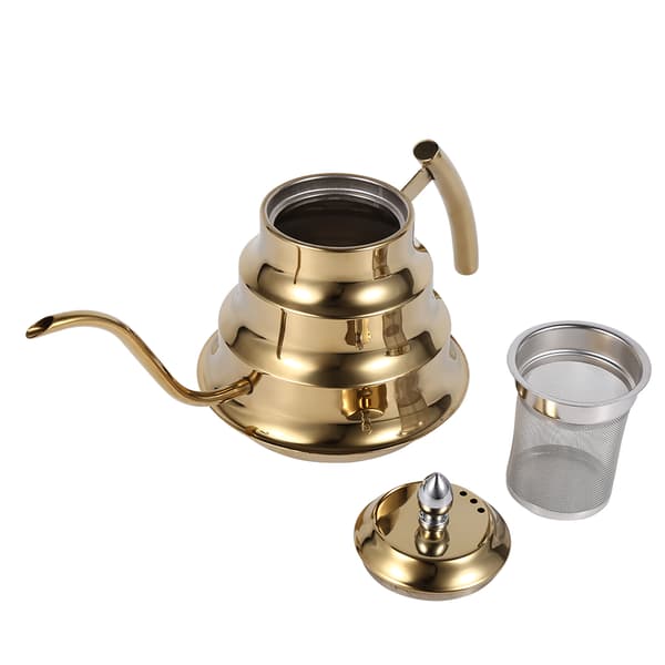 Kaffekanne i rustfritt stål med bambusledd-design, svanehals, for dryppkaffe og infusjon (gull)