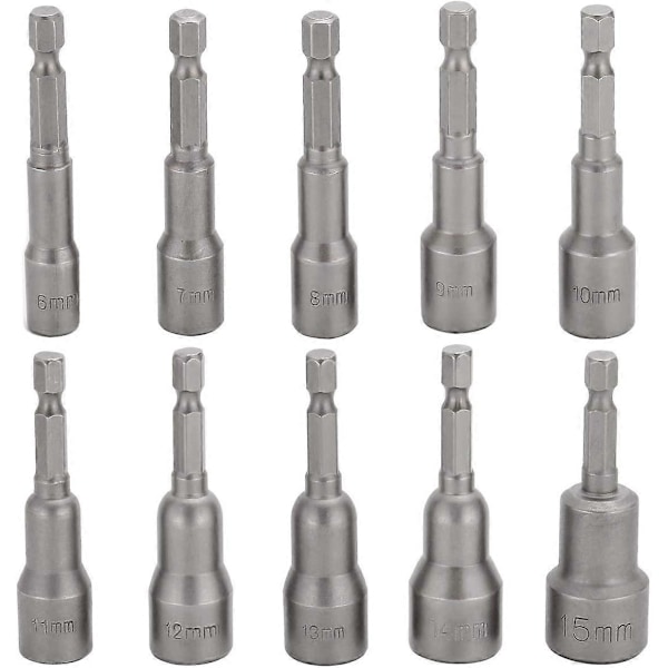 10 stk. Slagtrekkerbitssett 6-15mm Magnetisk sekskantpipe-sett Magnetisk bitssett Drill sekskantdrift pipe-sett 1/4 tomme for hurtigskift chuck