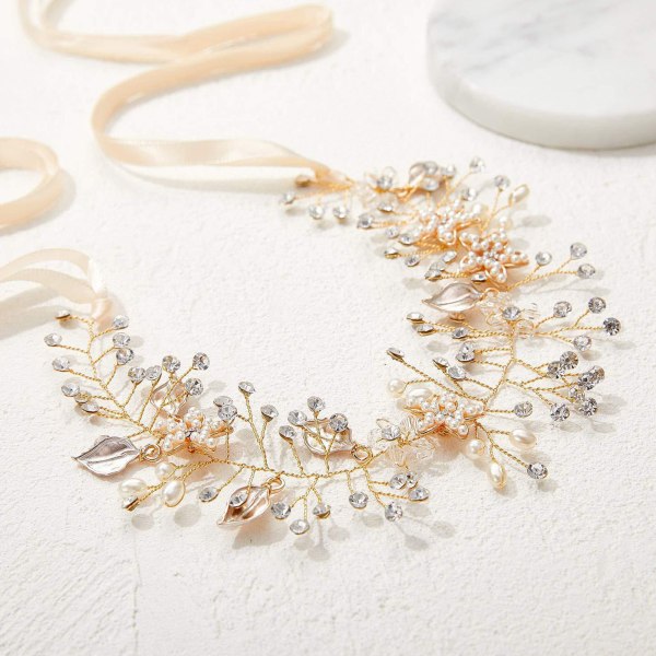 Bryllupshodebånd Rhinestone Faux Pearl Blomsterbladformet anheng Brudehodeplagg Hårtilbehør