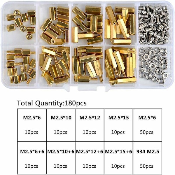 180 st M2.5 Hex Mässingsdistanser och Rostfritt Stål Kolumnmutter Sortiment, 6mm